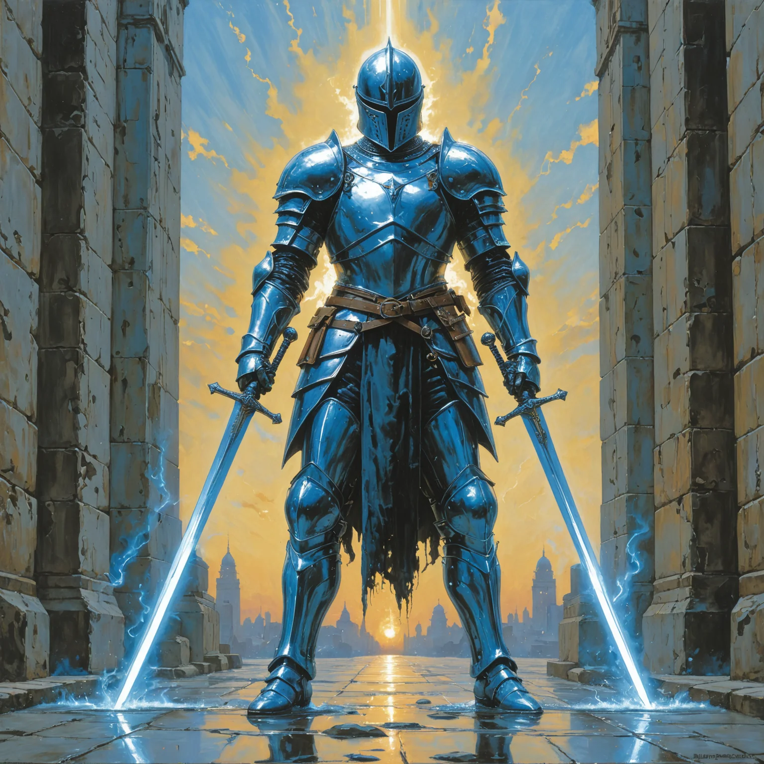 by Mike Worrall and Hajime Sorayama, <lora:EnvyCelShadedXL01:0.75> , fantasy, 1 hero with dual swords <lora:dual_swords:0.55>