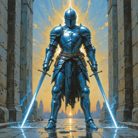 by Mike Worrall and Hajime Sorayama, <lora:EnvyCelShadedXL01:0.75> , fantasy, 1 hero with dual swords <lora:dual_swords:0.55>
