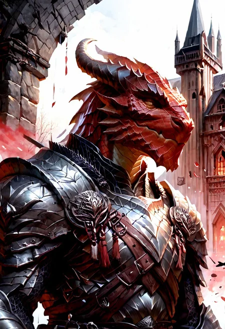 score_9, score_8_up, 8, score_7_up, score_6_up, solo, massive dragonborn with strong armor, red scale dragonborn, in the cathedral , dutch angle, scale mail armor, 40 year old, FFAOR,