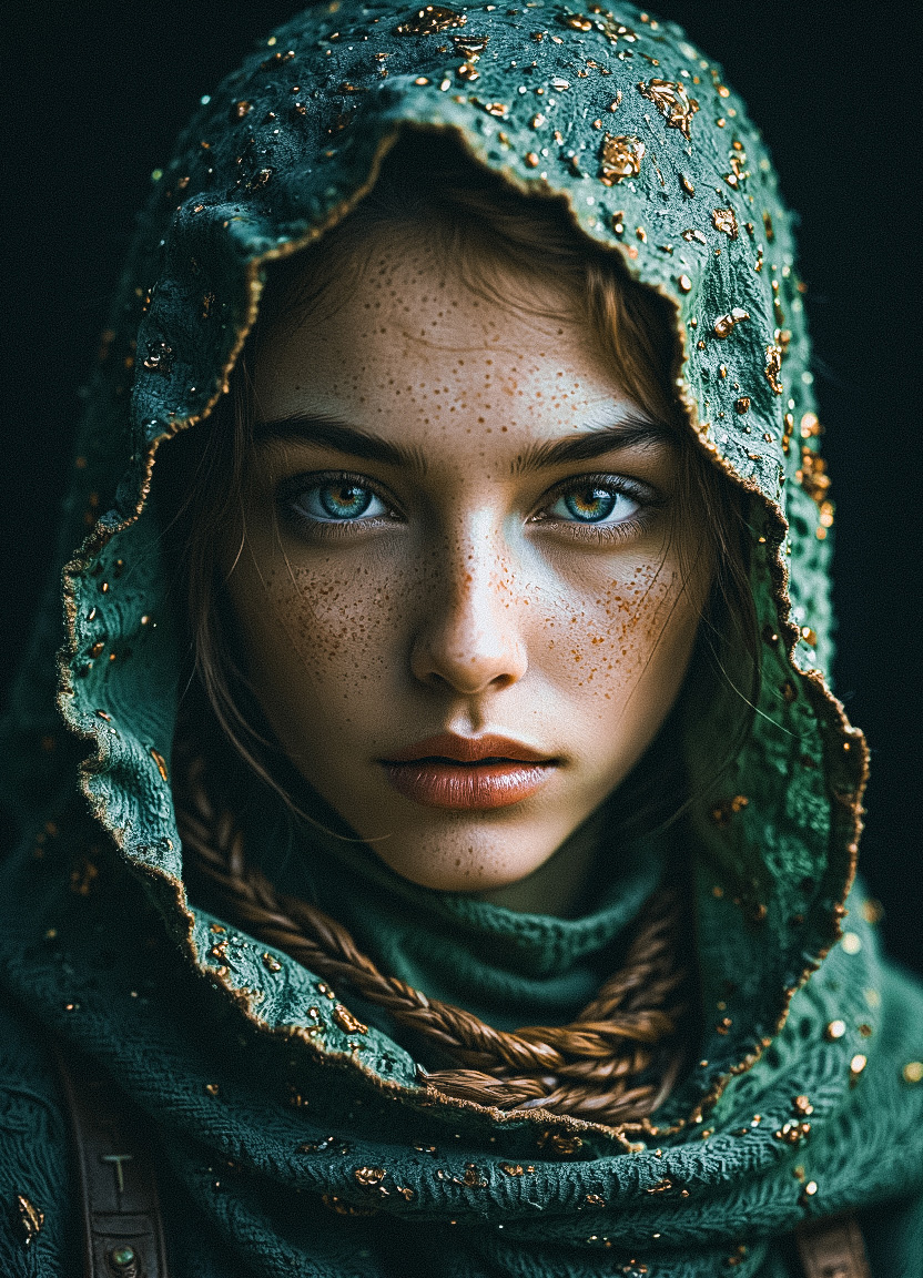 aged Linkle, Style of Zelda, in a close-up portrait. Show the rugged skin, blushed Face, Large scar, rough, gritty, the green linen hood pulled low over her face, a mischievous, somewhat intoxicated smile. Let her armor reflect the victories of past battles, worn and weathered but still of great value, much like the hero himself.. feminine, mysterious, Ethereal, Closeup portrait, a captivating vibrant dark moody but beautiful and erotic impression of freckled linkle from zelda, adult DARK, moody, Large Green linen Hood, capturing the essence of a cyborg linkle from zelda in fight stance, defying expectations by conjuring a oversized translucent colorful deku hooded cape. ethereal, atmospheric haze, Film grain, cinematic film still, shallow depth of field, highly detailed, high budget, cinemascope, moody, epic, OverallDetail, gorgeous, 2000s vintage RAW photo, photorealistic, candid camera, color graded cinematic, eye catchlights, atmospheric lighting, skin pores, imperfections, natural, shallow dof, In the depths of this nocturnal tableau lies the promise of exploration and discovery, where the spirit of the adventurer converges with the boundless possibilities of the Blue cosmos. Though Earthbound for now, her spirit remains untethered, reaching out towards the distant stars with an unyielding resolve to explore, to discover, and to soar beyond the limits of imagination.
