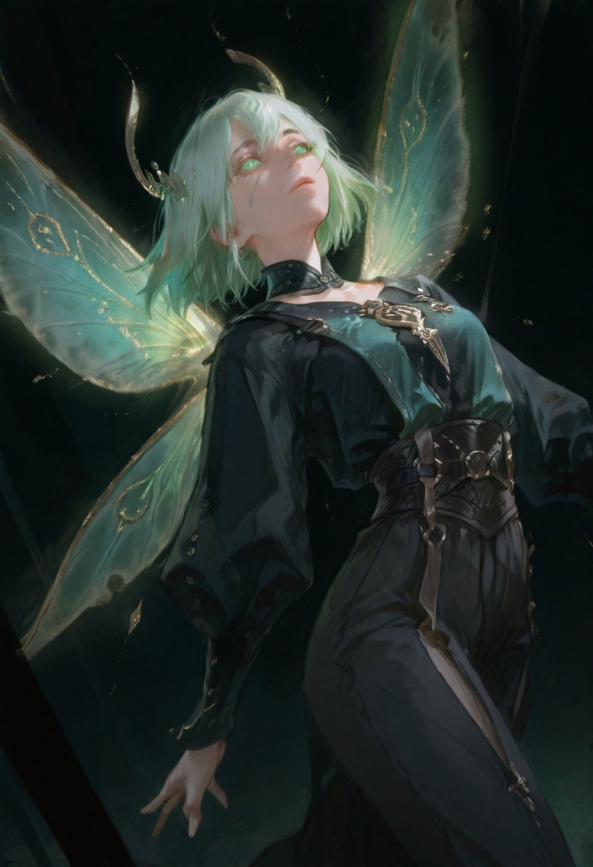 best quality, masterpiece, absurdres, newest, <lora:USNR STYLE_XL_lokr-000085:1>,usnr, usnr, 748cmstyle, very awa, dynamic posing, longshot angle, perfect face, extremely detailed, 
BREAK
a digital drawing in a dark, anime-inspired style, it features a close-up of a  serene and ethereal figure with delicate features stands in a dreamlike composition. They possess translucent, fairy-like wings that shimmer softly, blending into the background, green eyes, khol.arcane imbued eyes, glowing eyes, 
BREAK
the background is a solid green, which contrasts sharply with the character's dark attire, making them stand out vividly, the overall mood of the drawing is intense and dramatic, with sharp lines and shading that enhance the texture and depth of the artwork,