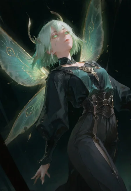 best quality, masterpiece, absurdres, newest, <lora:USNR STYLE_XL_lokr-000085:1>,usnr, usnr, 748cmstyle, very awa, dynamic posing, longshot angle, perfect face, extremely detailed,
BREAK
a digital drawing in a dark, anime-inspired style, it features a close-up of a serene and ethereal figure with delicate features stands in a dreamlike composition. They possess translucent, fairy-like wings that shimmer softly, blending into the background, green eyes, khol.arcane imbued eyes, glowing eyes,
BREAK
the background is a solid green, which contrasts sharply with the character's dark attire, making them stand out vividly, the overall mood of the drawing is intense and dramatic, with sharp lines and shading that enhance the texture and depth of the artwork,