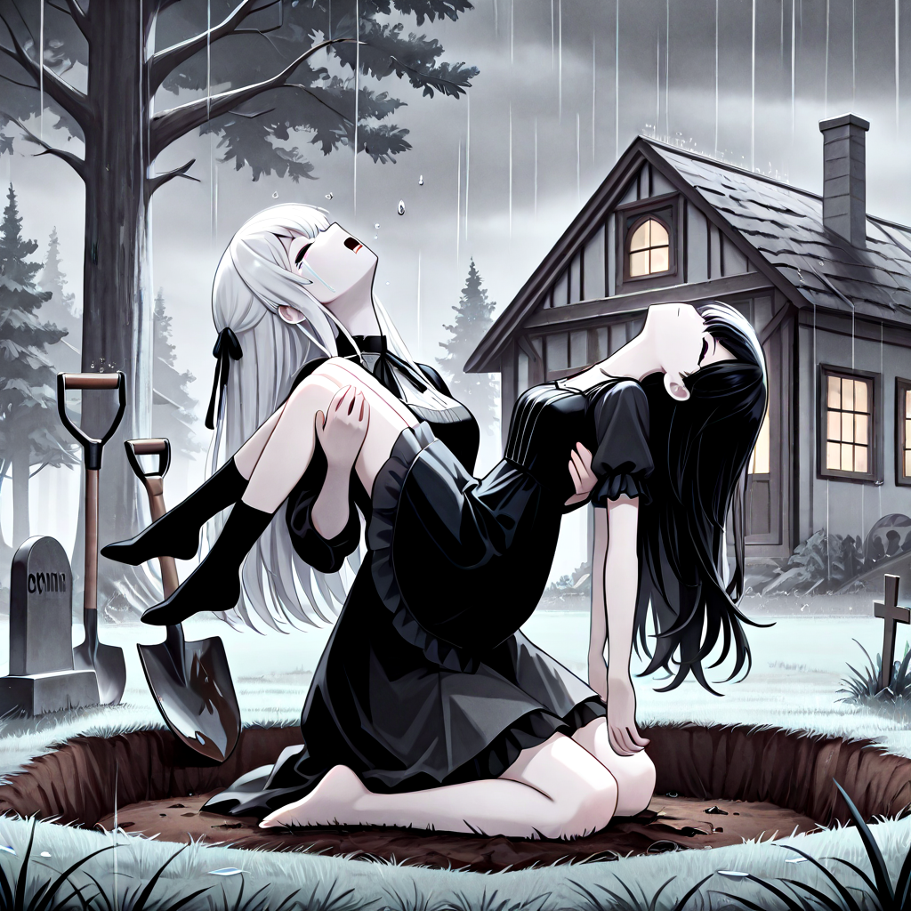 absurdres, explicit, grave digging, hand on ground, princess carry, 2girls, sleeping, carrying, crying, tears, sad, breasts, closed eyes, closed mouth, pale skin, long hair, black hair, white hair, gothic dress, bangs, tree, grass, death, corpse, victorian, house, building, oil lamp, lantern, shovel, fog, smog, grey sky, profile, from side, kneeling, seiza, head tilt, rain, water drop, shouting, (((leaning back))), <lora:girlhategravedigging_ilxl:0.8>