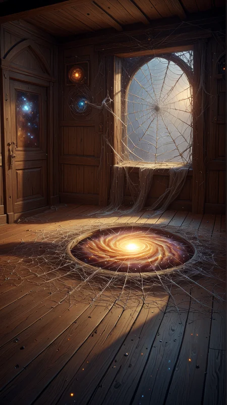 <lora:CosmicStyleSDXL:1.5>CosmicStyle (fantasy illustration, dusty attic, mysterious portal, dim light, old wooden floorboards, spiderwebs, dust particles, warm color palette, oil painting, intricate details, magical atmosphere, sense of mystery, chiaroscuro, concept art, illustration, digital painting, artstation, dramatic lighting, wide angle, artbook, wallpaper, splash art, promo art:0.5), see-through, transparent