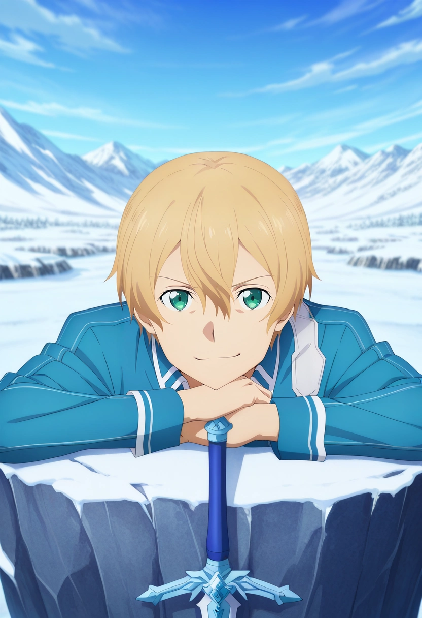 masterpiece, best quality, , anime screencap, anime coloring, official style, looking at viewer, 1boy, solo, male focus, <lora:eugeo_sao_ilxl:0.94>, eugeo_sao, blonde hair, green eyes, bangs, hair between eyes, short hair, sword, panorama, snowy mountain, dawn, leaning on object, smirk,