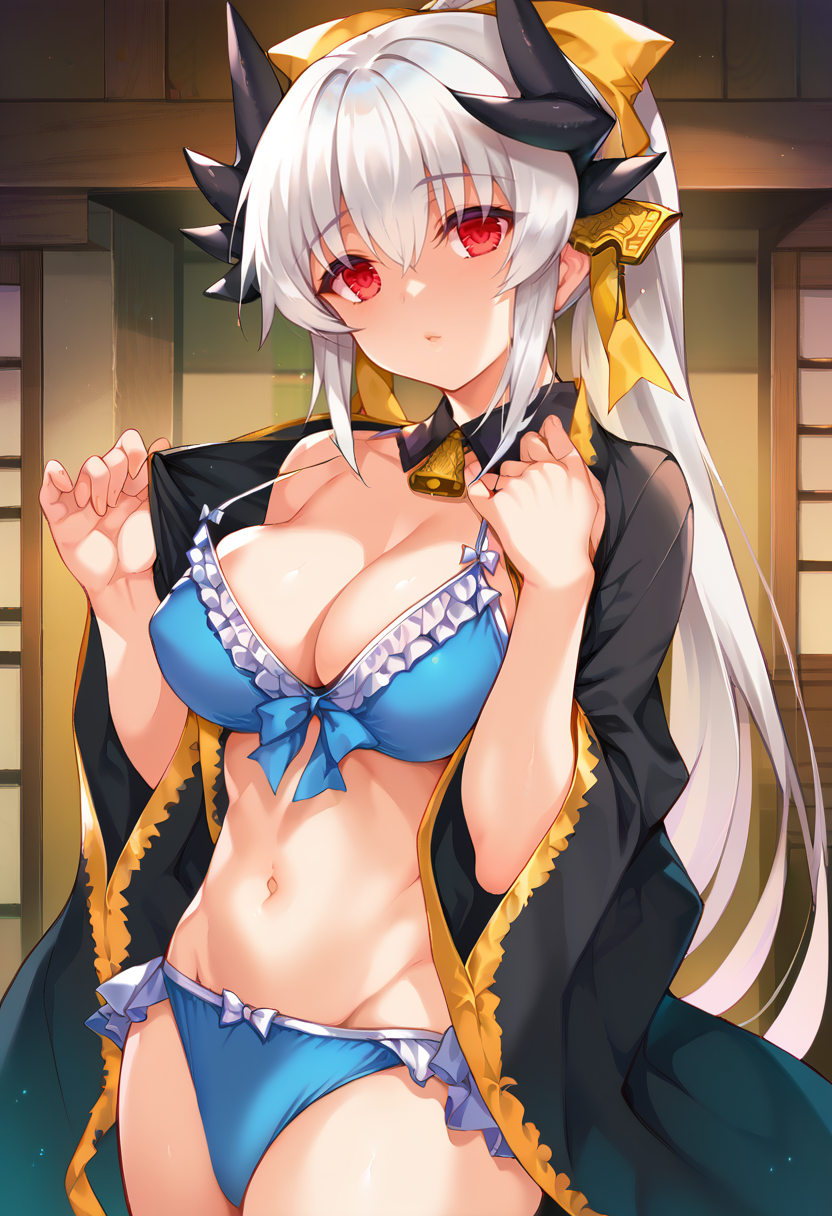 score_9, score_8_up, score_7_up, source_anime BREAK 1girl,  <lora:spfateKiyohimeXLPony:1> kiyola3st, white hair, horns, yellow bow, blue bikini, cleavage, frills, frilled bikini, japanese clothes, black kimono, standing, cow-boy shot, indoors, standing   <lora:Cle-Masahiro-Style-PonyXL:1>