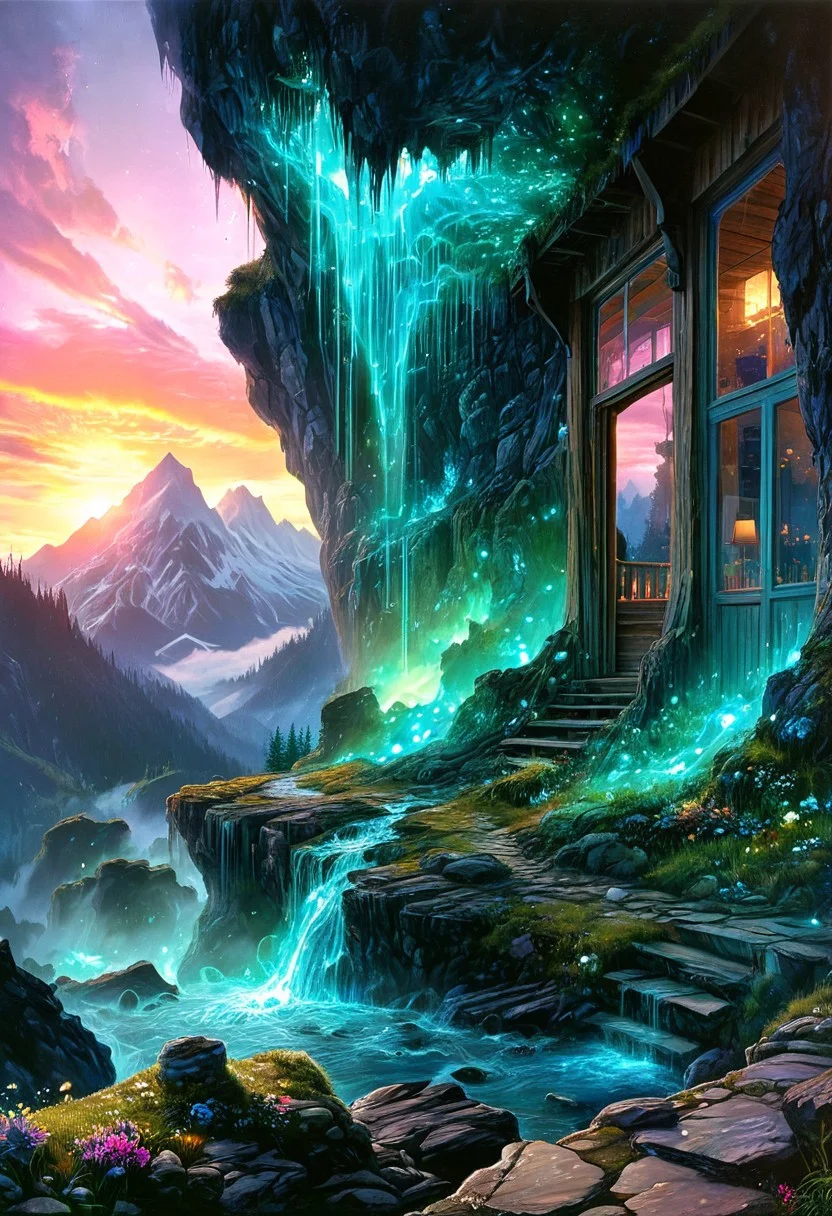 (by Ellen Jewett:1.5), (Bioluminescent Impressionism, alien mountain landscape , their peaks veiled in mist. mixed media, surrealism, great lighting, A surreal landscape highly detailed . extremely high-resolution details, appears trapped in an optical illusion of reflections and refractions colorful , mountain cabin built into a cliff with a brilliant porch looking out over mountains , professional photography, natural lighting, volumetric lighting maximalist. intricately detailed, complex, elegant, expansive, fantastical, film photography style, medium graincinematic experience.,, illustration, cinematic
<lora:DonM3t3rn1tyXL-v1.1:0.7>, DonM3t3rn1tyXL,
OverallDetailXL <lora:MJ52:0.3> <lora:SDXLFaeTastic2400:0.4> <lora:EpicF4nta5yXL:0.7>. great beams of light shooting up into the sky, sky sunset, sunrise ,waterfall, ethereal landscapes, depth of field, biotech emotion:1.3) <lora:xl_more_art-full_v1:0.5> <lora:add-detail-xl:1> <lora:RMSDXL_Creative:2>