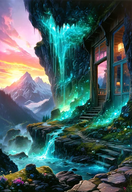 (by Ellen Jewett:1.5), (Bioluminescent Impressionism, alien mountain landscape , their peaks veiled in mist. mixed media, surrealism, great lighting, A surreal landscape highly detailed . extremely high-resolution details, appears trapped in an optical illusion of reflections and refractions colorful , mountain cabin built into a cliff with a brilliant porch looking out over mountains , professional photography, natural lighting, volumetric lighting maximalist. intricately detailed, complex, elegant, expansive, fantastical, film photography style, medium graincinematic experience.,, illustration, cinematic
<lora:DonM3t3rn1tyXL-v1.1:0.7>, DonM3t3rn1tyXL,
OverallDetailXL <lora:MJ52:0.3> <lora:SDXLFaeTastic2400:0.4> <lora:EpicF4nta5yXL:0.7>. great beams of light shooting up into the sky, sky sunset, sunrise ,waterfall, ethereal landscapes, depth of field, biotech emotion:1.3) <lora:xl_more_art-full_v1:0.5> <lora:add-detail-xl:1> <lora:RMSDXL_Creative:2>