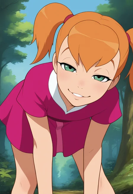 masterpiece, best quality, dolly, 1girl, flat chest, green eyes, orange hair, twintails, pink dress, <lora:dolly:0.9>, leaning forward, parted lips, smug, half-closed eyes, looking at viewer, cowboy shot, BREAK outdoors, blue sky, forest, trees, nature, masterpiece, amazing quality, best quality, ultra-detailed, 8K, illustration, CG