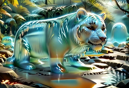 animal_guardian, tiger, a white tiger with black stripes, Tiger made out of slime, slime tiger in a jungle, jungle made out of slime,
natural light, no bright spots,
((translucent slime)), ((transparent slime)), made of water, (bioluminescent slime), sl1m3, slime, slime-morph, ais-blmn, saturated colors, no creatures, no humans, no monsters, no pokemon, scenery only, scenery, ral-lava, watce