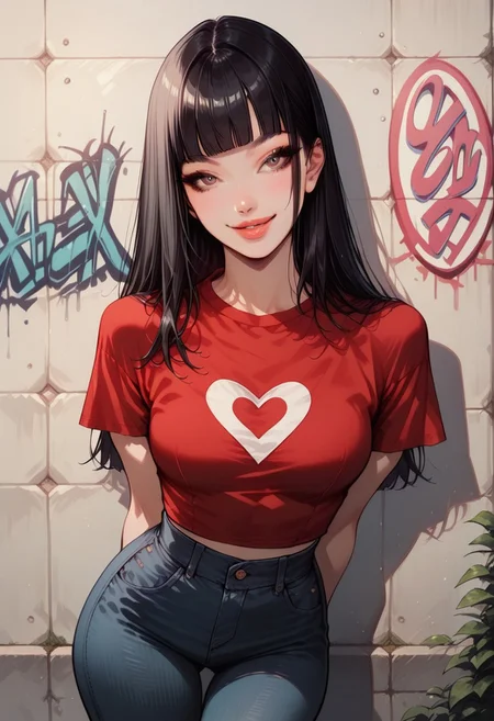 score_9, score_8_up, score_7_up, score_6_up, Shirley, ShirleyRH, Asian, long black hair, straight hair, blunt bangs, almond eyes, Asian eyes, medium breasts, large hips, slender, natural lips, beautiful lips, detailed eyes, cowboy shot, posing, beautiful, ((red) cropped t-shirt), low waist denim pants, heart shaped chocker, posing cute, beautiful smile, back on a wall, graffiti, aesthetic, front view, bent over, hands behind back, cute hand gesture
