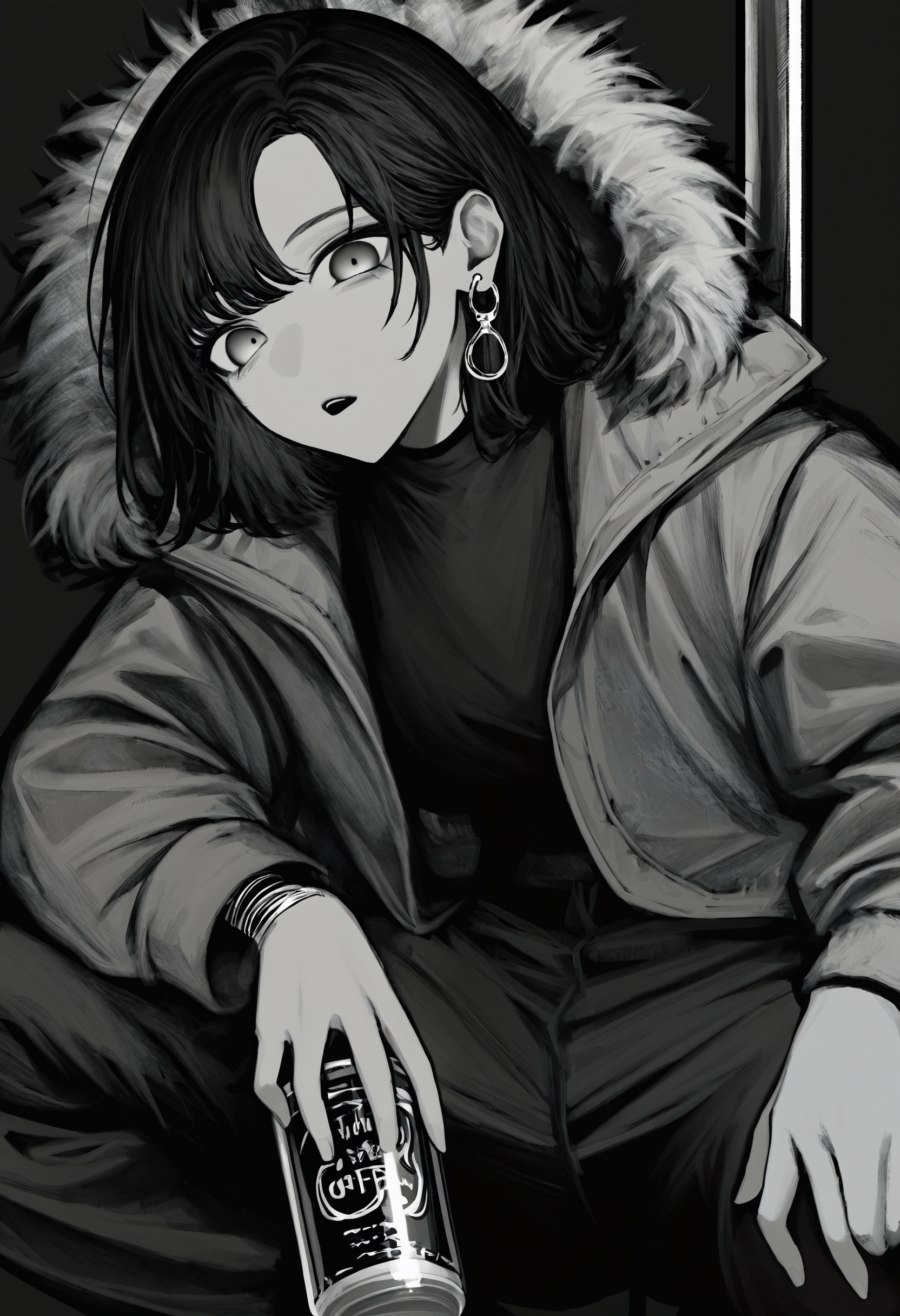 <lora:TnhocXQ=-noobaiXLNAIXL_epsilonPred_V110_V1-CAME>, Tnho, monochrome, greyscale, 1girl, solo, black hair, looking at viewer, pole, holding, squatting, holding can, grey eyes, can, black background, jacket, fur trim, hood, medium hair, jewelry, long sleeves, simple background, parted lips, open mouth, canned coffee, earrings, coat, open clothes, holding bottle, grey coat, fur-trimmed hood, black shirt, bottle