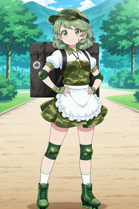 absurdres, highres, masterpiece, best quality, amazing quality, official anime artwork, screencap, anime screencap, outdoors, looking at viewer, light smile, dynamic pose, standing,
<lora:Takane-Yamashiro_Illustrious:1> yamashiro takane, 1girl, solo, green eyes, green hair, medium hair,, yamashiro takane \(forest fried delivery\), alternate costume, green headwear, flat cap, visor cap, key, white shirt, collared shirt, puffy short sleeves, green top, camouflage dress, white apron, frilled apron, waist apron, elbow pads, green gloves, fingerless gloves, backpack, black bag, insulated delivery bag, knee pads, white socks, green boots, skates,