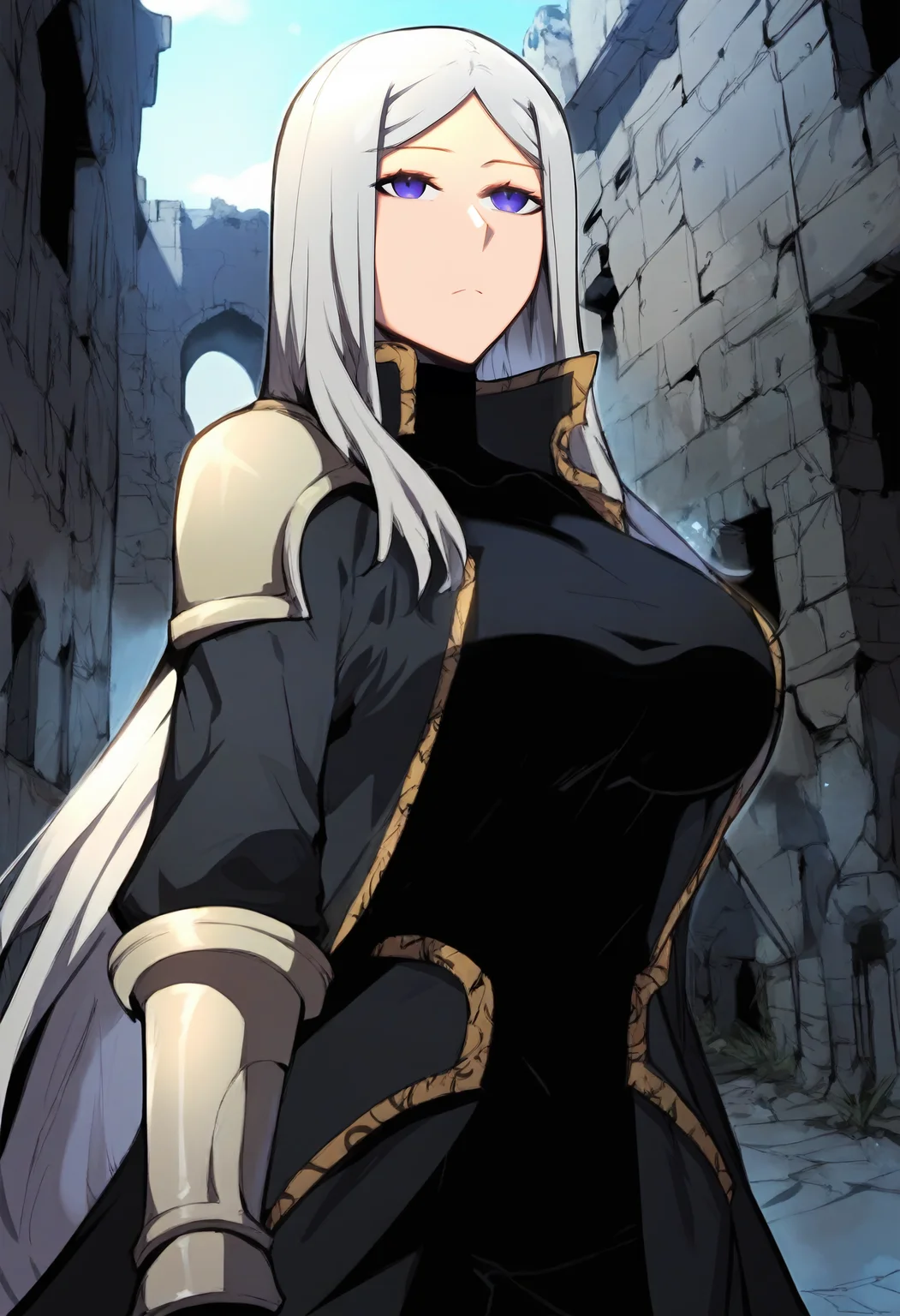 score_9, score_8_up, score_7_up, score_6_up, source_anime, rating_explicit, 1girl, solo, huge breasts,<lora:Luna Runcandel prefectPonyxl:0.9> long hair, white hair, purple eyes, grey hair, parted bangs, high collar, black coat, shoulder armor, black shirt, turtleneck shirt, long sleeves, gauntlets, black gloves, pauldrons, black pants, expressionless, dungeon, ruins, outdoors, looking at viewer