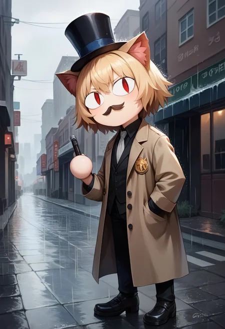 score_9, score_8_up, score_7_up,score_6_up,source_photorealistic,photorealism,professional cinematography,high quality lighting,film grain,blonde hair,skindentation,chibi, 1girl,red eyes, slit pupils, cat ears, :3,solo,necoarc,top hat,moustache,trench coat,outdoors,rainy,rain,city,cobblestone street,gloomy,brick buildings