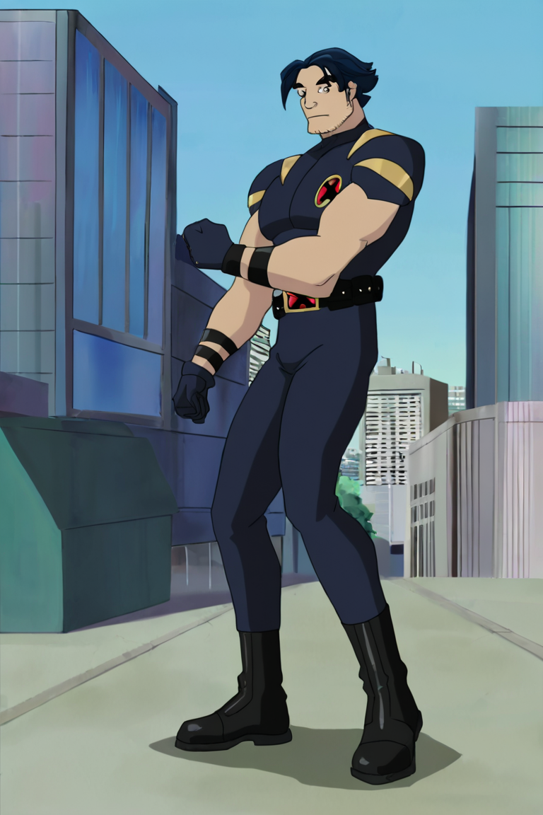 masterpiece, best quality, highres, newest, logan, xevosuit, 1boy, solo, male focus, mature male, short hair, dark blue hair, brown eyes, thick eyebrows, facial hair, stubble, sideburns, bodysuit, dark blue bodysuit, short sleeves, dark blue gloves, black belt, pants, black footwear, muscular, clenched hands, looking at viewer, standing, full body, outdoors, city, building <lora:Wolverine (Logan) X-Men Evolution (Second Suit) v1.1 [LoRA] - NoobAI-XL EPS 1.0:0.8>