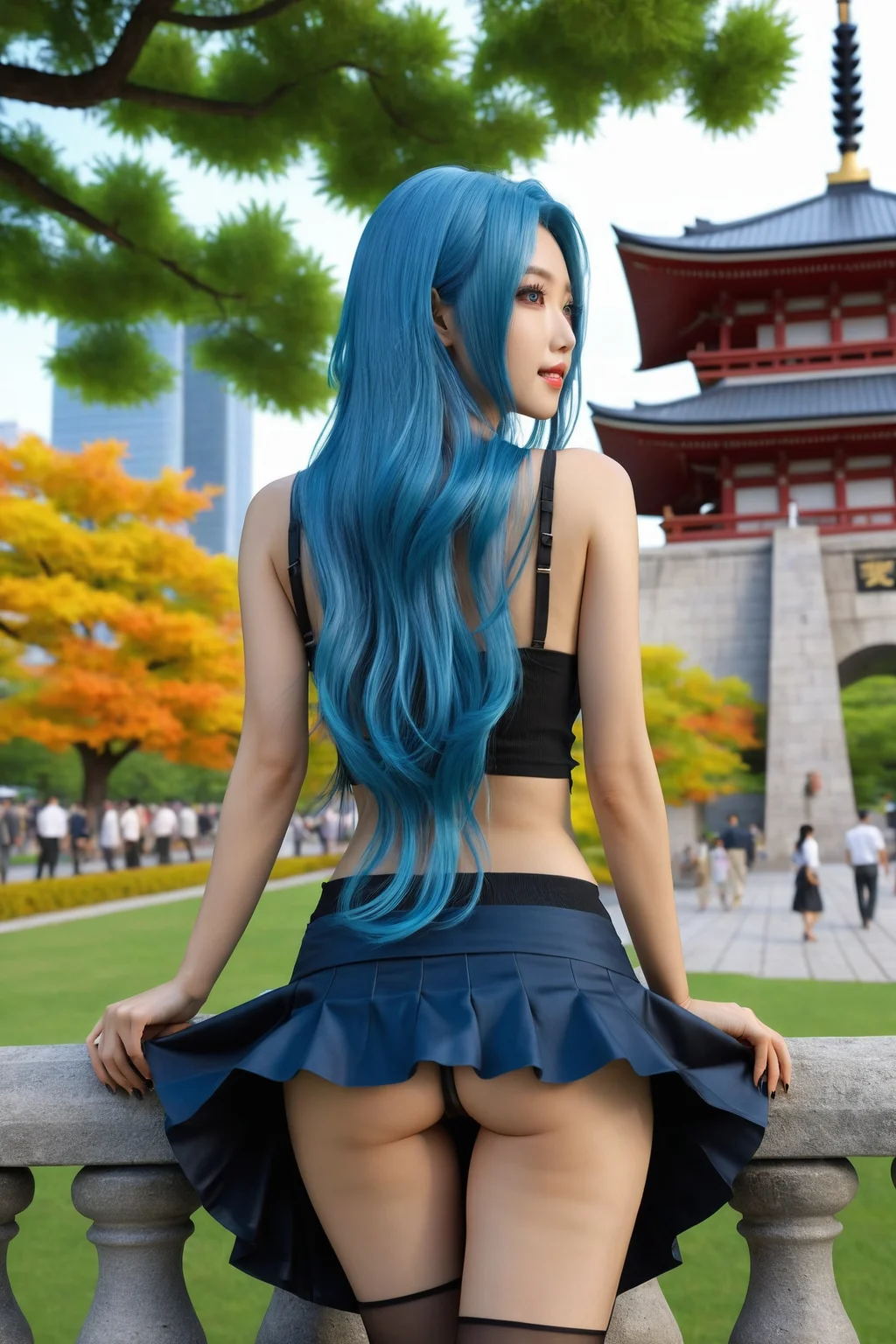 beautiful japanese woman 24 years old, completely blue haired, beautiful asian eyes, black eyeliner, very long hair, perfect body, meduim breasts, seductive smile, black mini skirt, black thong, standing in a park, from behind, <lora:detailed_notrigger:1>, (full body shot, full body picture, full body) , high detailed background, masterpiece, best quality, Extremely high-resolution details, photographic, realism pushed to extreme, fine texture, incredibly lifelike, sharp focus, <lora:flashingAss:0.55> skirt lift, flashing ass