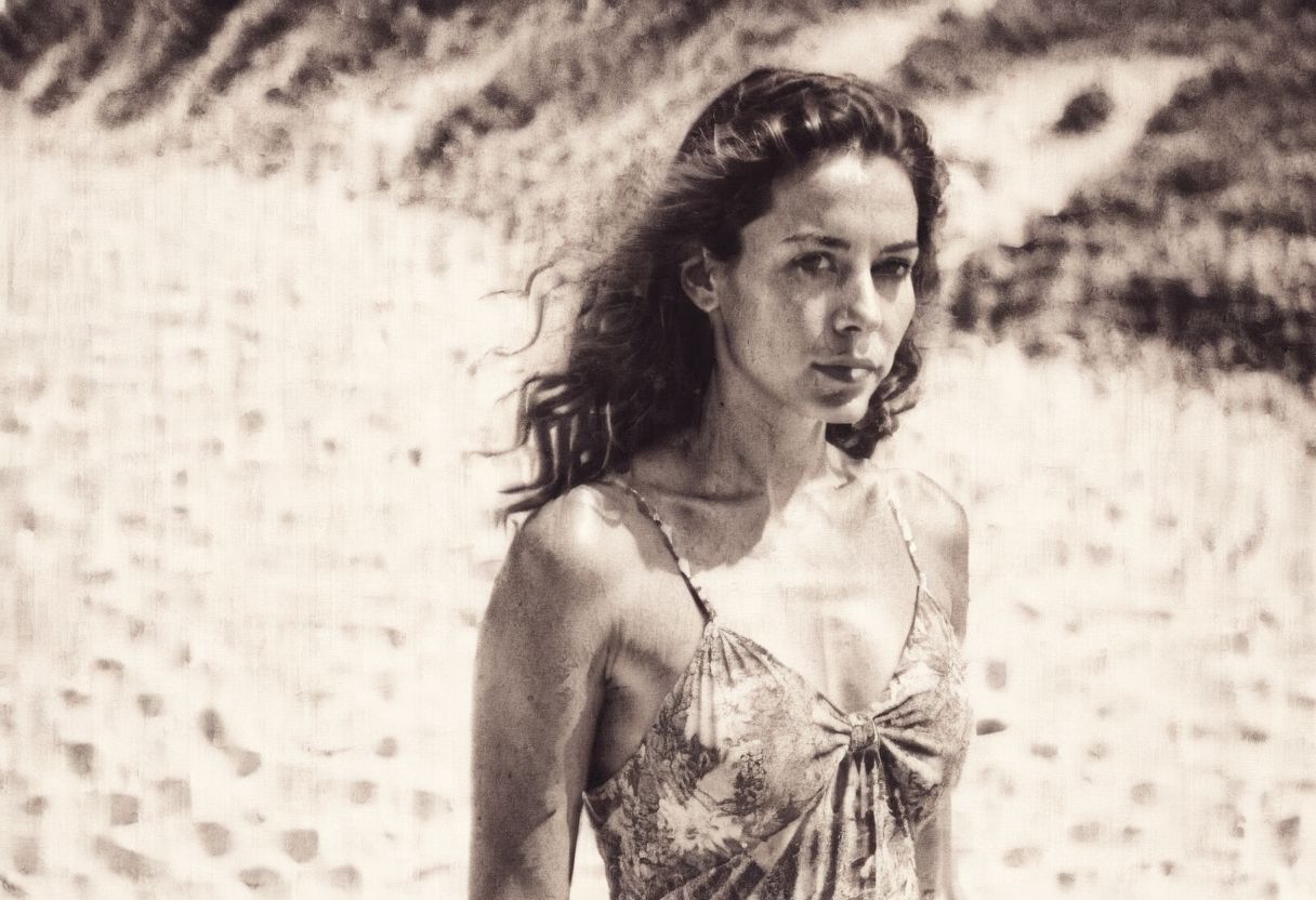 lith_agenta_leinwand, instagram photo, full photo of 26 y.o american woman walking on a beach, summerdress , perfect detailed eyes, natural skin, hard shadows, film grain