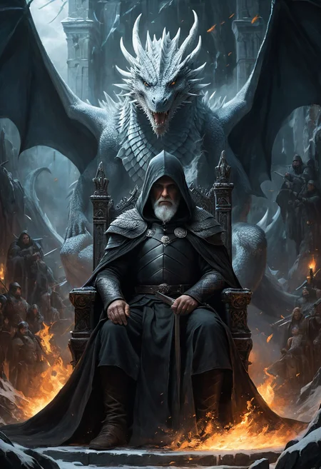 very long shot, (dragon:1.2), 1man, dragon standing behind man, (very old man with a black hood:1.3), long white hair, (black robe:1.3) , sitting on a throne, throne of swords, thousand swords throne, Game of Thrones, dragon looming over, epic fantasy character art, concept art, fantasy art, (ice swirling:1.3), (fire swirling), ((best quality)), ((masterpiece)), detailed soft oil painting, detailed background, dramatic cinematic lighting, soft edge lighting, professional, ultra quality, 4k, extremely detailed, Game of Thrones style