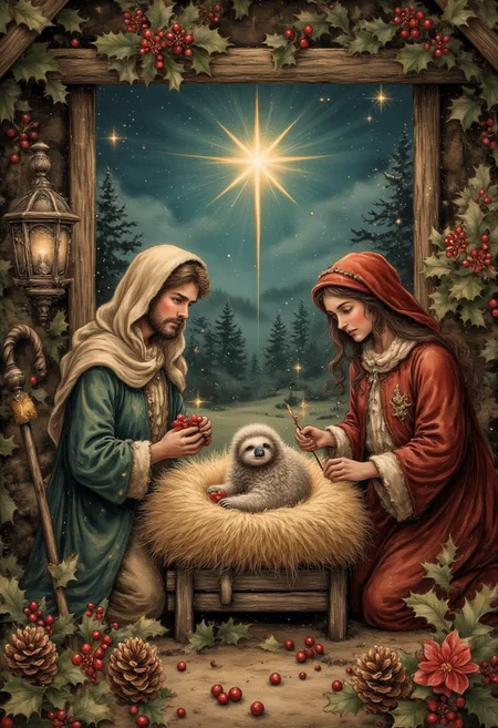 aidmavintagechristmaspaper, a high quality digital image of a manger in a barn, the manger is surrounded by shepherds and wise men, in the manger is a cute little sloth, a bright star is visible outside the barn door