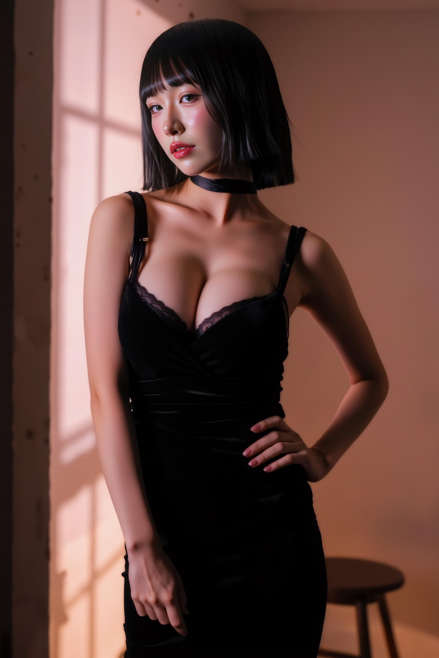 A professional, high-resolution image of a young woman is posed in a standing contrapposto stance, with subtle weight shifted to one leg to create a natural S-curve in the body silhouette. This classic posing technique creates visual interest and a sense of elegance.

She is wearing a black SGWN65Clothing. Her makeup is dramatic, with dark eyeliner and bold, glossy pink lips. 

The lighting features a high-contrast, monochromatic white color scheme that creates a moody, intimate atmosphere. 

The photography technique uses what appears to be soft lighting to create a glamorous effect, with careful attention to highlighting contours while maintaining the dominant light brown color scheme throughout the frame.

The overall aesthetic combines elements of fashion photography, traditional Asian visual motifs, and contemporary boudoir styling. The dramatic light brown lighting creates a cohesive visual theme that ties all elements of the composition together.

The white light emit on her to show her feature.