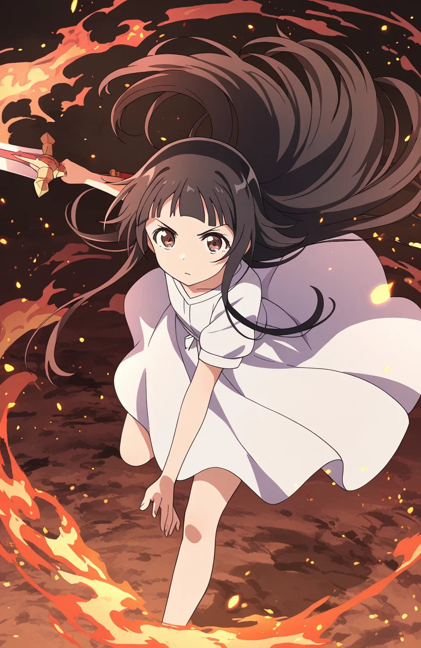 <lora:Yui SAO v-pred:1> 5w0rd, yui (sao) ,        white dress, holding fire sword, v-shaped eyebrows, floating hair, orange lighting, embers, ,   floating,                     ,masterpiece, best quality,  very aesthetic