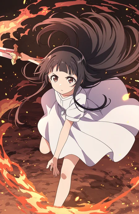 <lora:Yui SAO v-pred:1> 5w0rd, yui (sao) , white dress, holding fire sword, v-shaped eyebrows, floating hair, orange lighting, embers, , floating, ,masterpiece, best quality, very aesthetic