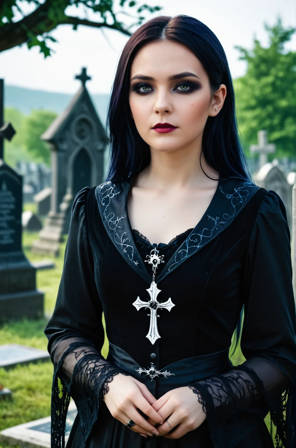 breathtaking female necromancer in a graveyard, atmospheric, cinematic, high detail, masterpiece, gothic  <lora:S4ndr4_nm_4:0.75> S4ndr4. award-winning, professional, highly detailed