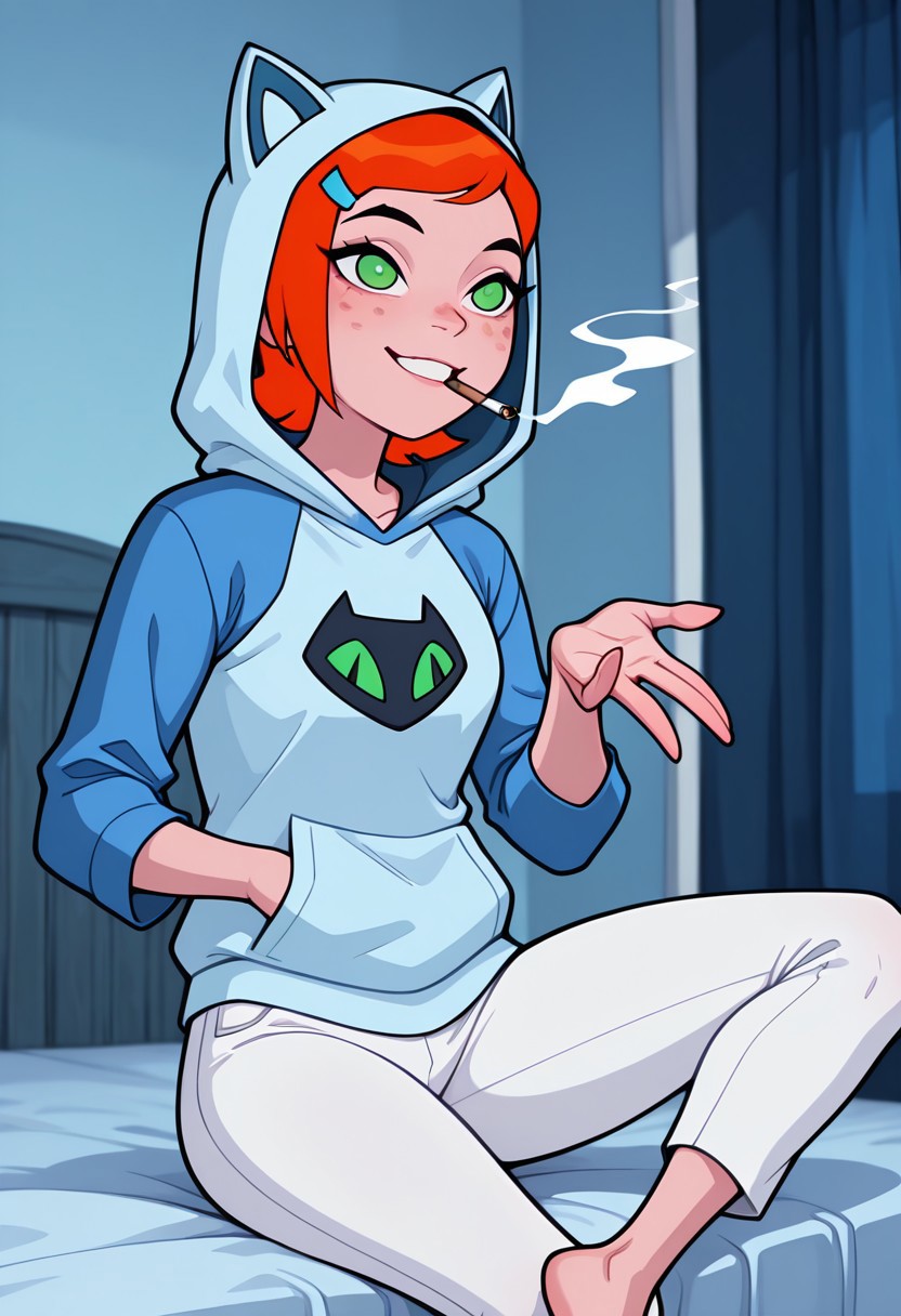((screencap, cartoon)) , masterpiece, best quality, amazing quality, very aesthetic, absurdres, newest,
gwenov, orange hair, 1girl,  freckles, shorthair, green eyes, solo, 
raglan sleeves, hairclip,  white pants, 
blue hoodie, hand in pockets, smoking weed, , in room, bedroom, passing bult, high, hood up, cat ears hoodie, smile, teeth, sitting cross legged, reaching out, blue bedroom, on bed, invitation, holding blunt, blunt rotation,
