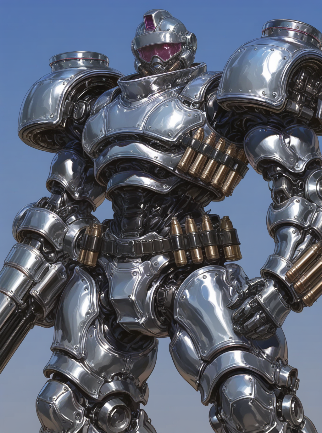 sref251, overdesigned heavy armored mecha, big shoulders, arm cannon, cartridge belt, visor <lora:sxz-sref251:0.8>