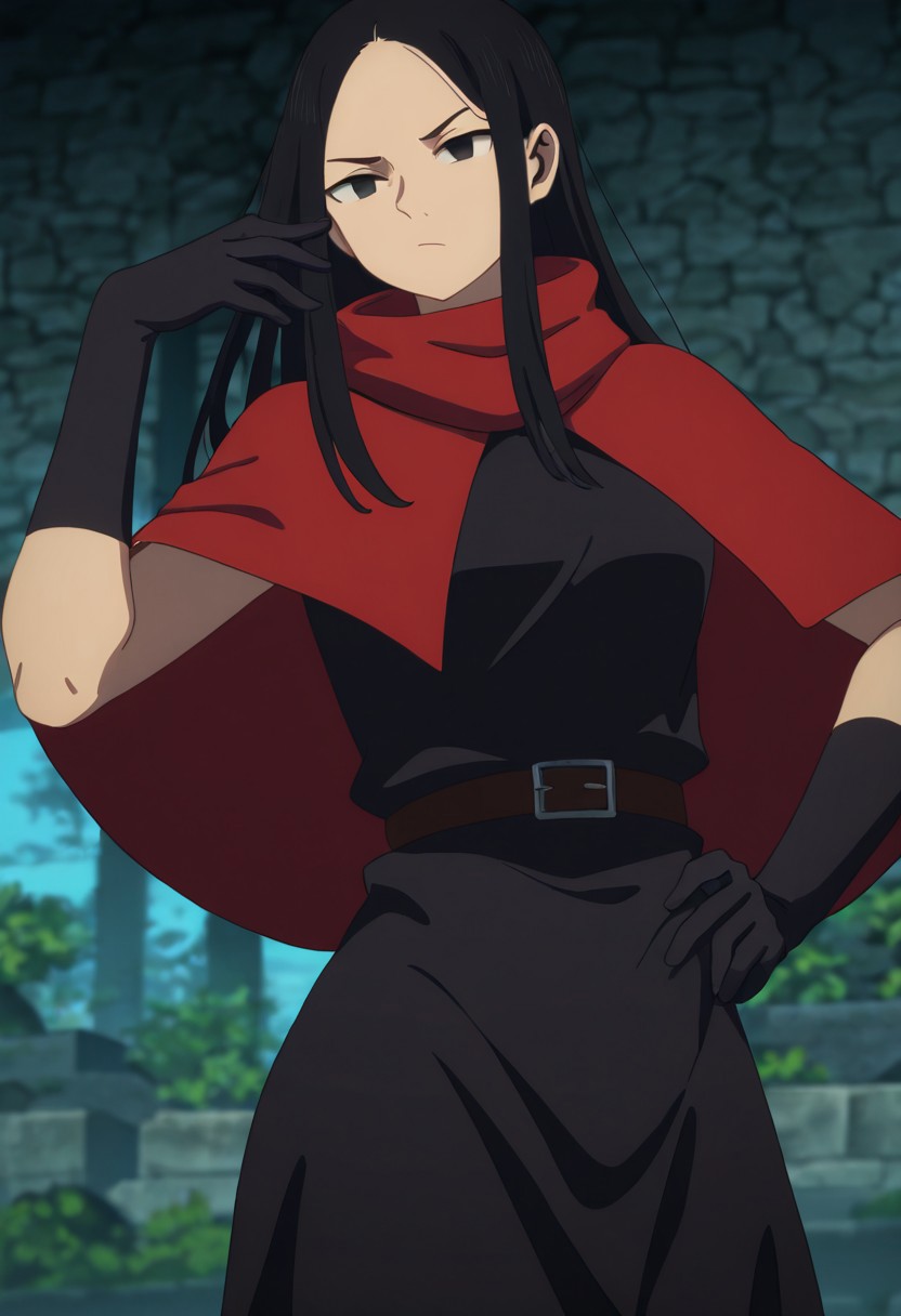 masterpiece, best quality, newest, absurdres, highres, 
DMStyle-DmpackV1.0, official style,
DMPACK-1-Rinsha, asian, asian female, long hair, black hair, black eyes, belt, black gloves, gloves, cape, red cape, short cape, dress