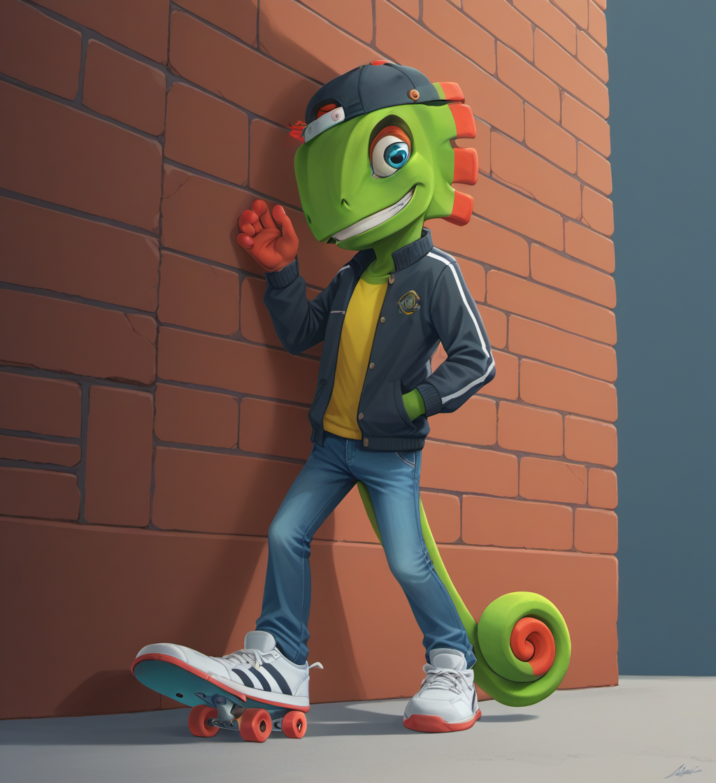 score_9, score_8_up, score_7_up, high res, absurd res, digital media (artwork), flat colors, lineless, source_furry, solo focus, toothy grin, male, full body, backwards cap, sports jacket, looking at viewer, hand in pocket, skateboard, tennis shoes, jeans, brick wall background, <lora:lowres_concept_ponyXL_v1:-0.3> <lora:Yooka_-_Yooka_Layle_-_Pony_v2:1> y00k4, scalie, chameleon, ear frills, tail, curled tail, 4 fingers, multicolored body, green skin, orange highlights, blue eyes, orange eyeshadow
