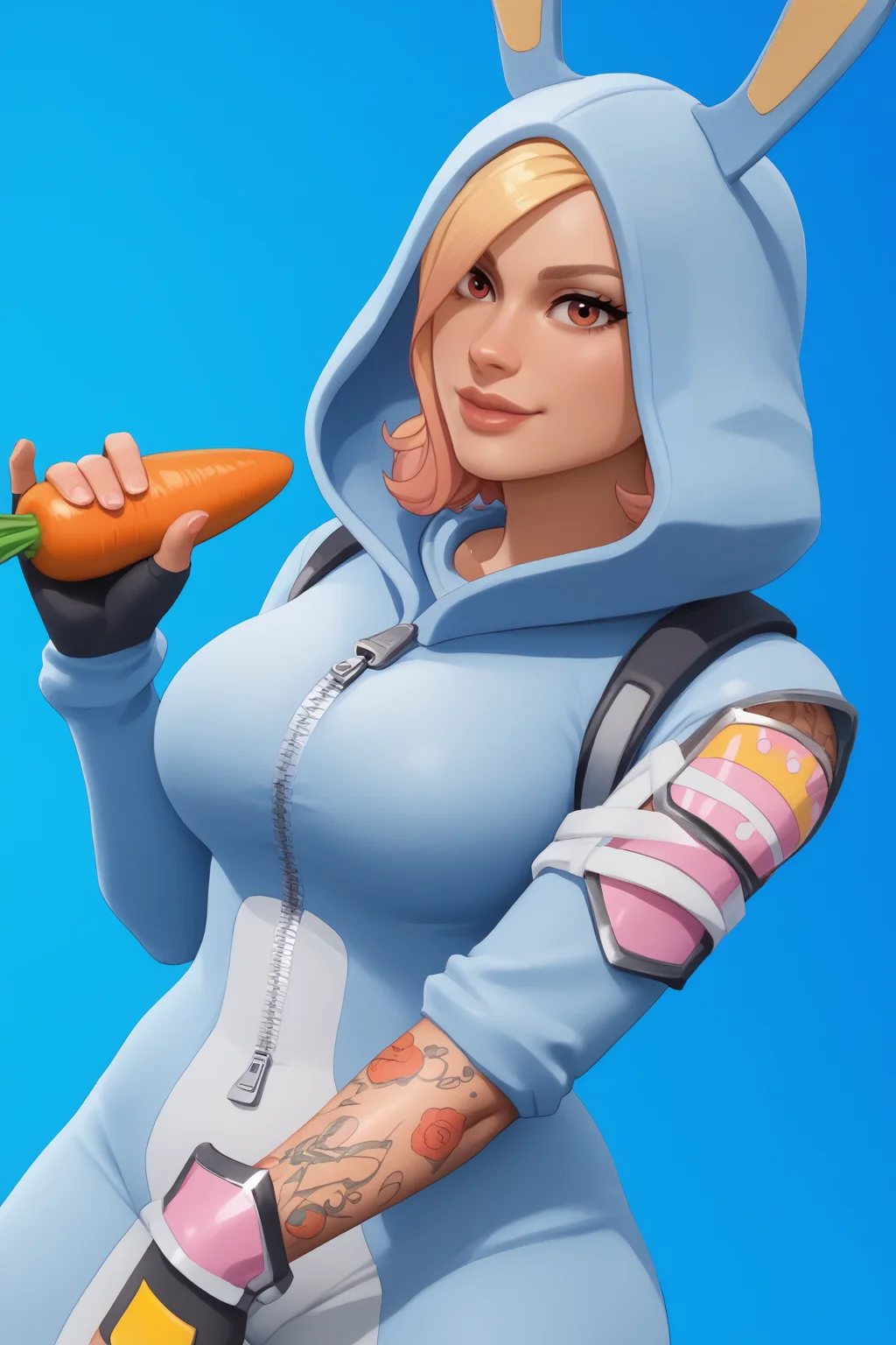score_9, score_8_up, score_7_up, masterpiece, high quality, BREAK
<lora:Bunny Brawler PennyPonyLoRA:1>bnnybrwlpnny, short hair, animal hood, onesie, shoulder straps, single shoulder armor, zipper, fingerless gloves, single long sleeve, tattoo, single bracer, holding carrot, sucking carrot, in a robbit hole