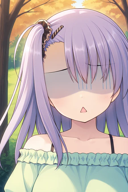 masterpiece, best quality, absurdres, official art, official style, rating general BREAK <lora:manabekei_IL_v1-1:0.7>, manabe kei, 1girl, solo, purple hair, light purple hair, long hair, one side up, side ponytail, black scrunchie, asymmetrical hair, asymmetrical bangs, hairclip, large breasts BREAK casual, bare shoulders, collarbone, blouse, green shirt, frilled shirt, off-shoulder shirt, puffy short sleeves, halterneck, striped camisole, standing, outdoors, nature, forest edge, close-up, portrait,
blush, :o, d:, faceless female, facing viewer, hair between eyes, hair over eyes, meme, no eyes, open mouth, parody, parted lips, shaded face, triangle mouth, turn pale