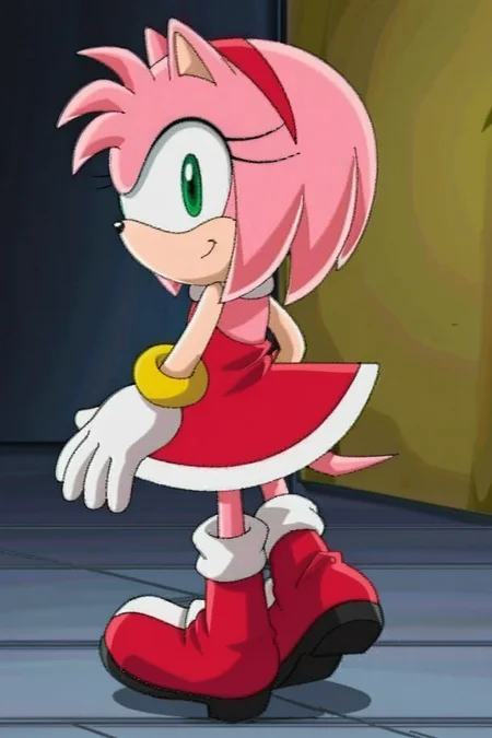 feminine, masterpiece, best quality, newest, absurdres, highres, amy rose, furry female, white-trimmed red dress, green eyes, white-yellow gloves, boots, socks, tail, from behind, looking back,
BREAK
dynamic background, <lora:Amy_Rose_Pony:1>