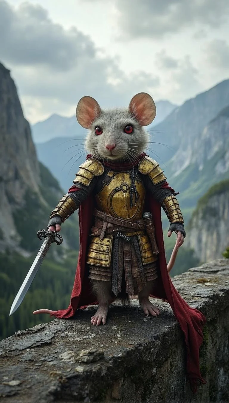 <lora:y2k_aesthetic.safetensors:1> Diffused overhead lighting, The atmosphere is intimate and personal, Vivid Kodak EasyShare color profile, Professional grade photograph, amateur photo with bad qualityA digitally drawn anthro rat stands poised on a ledge, holding a sharp sword in golden armor with torn red cloth. Red eyes convey determination against a blurred backdrop of rocky mountains under a cloudy sky.