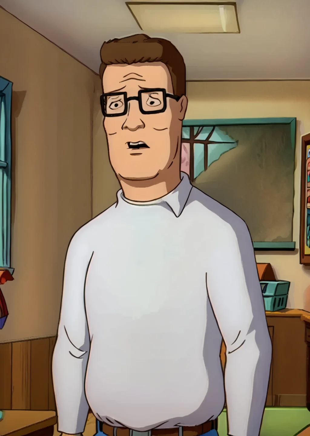 Hank Hill, white shirt, glasses, solo, haunted house, interior, <lora:Hank_Hill:1> <lora:Scooby-Doo_Art_Style_r2:1>