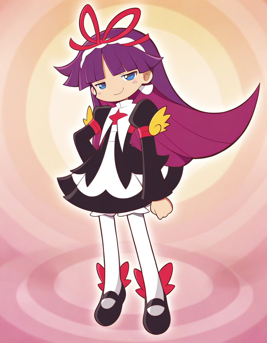 <lora:PFeli_SDXL_Illustrious01_fp16_ver01:1>,PFeli, 1girl, long hair,purple hair, pantyhose, dress,red ribbon, blue eyes, black footwear,long sleeves, red bow,hairband, smug,official style,peace_sign,, masterpiece, best quality, very aesthetic, absurdres,<lora:detailed_hands:1>,hand