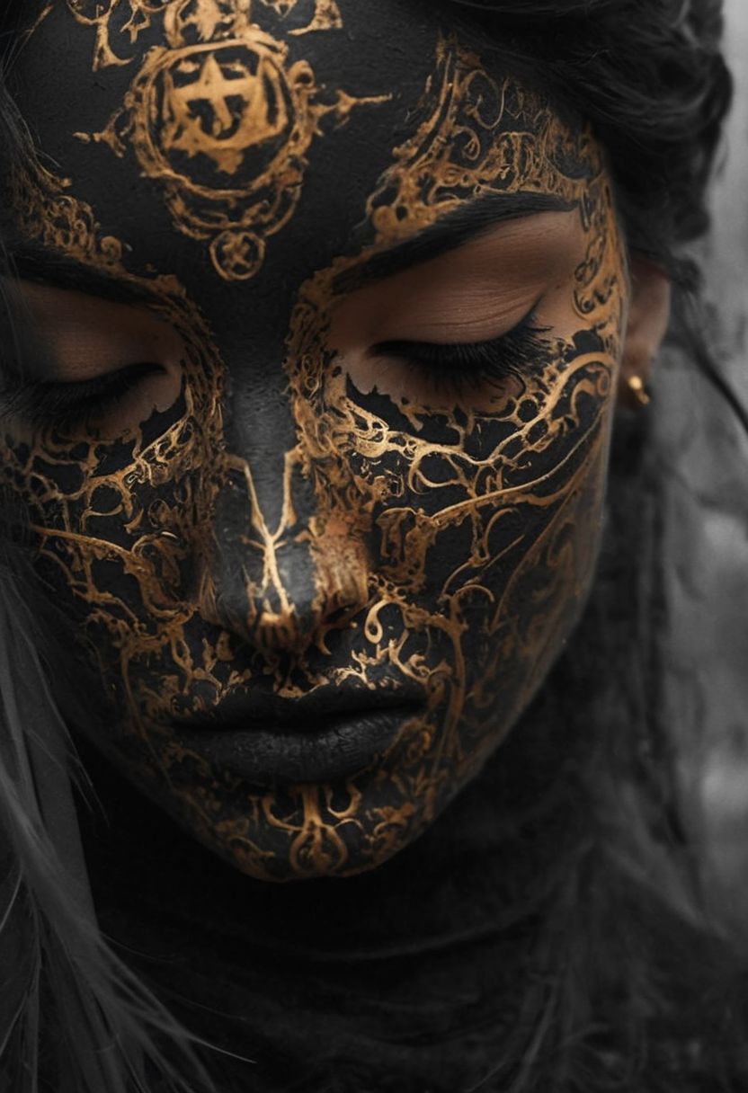 Photograph, a sss wired-cyborg Busty woman made of black smoke, full face tattoo inspired By satanistic designs, golden hour light, fragile, intricate details, masterpiece, award winning, rich, breathtaking,  bokeh, atmospheric