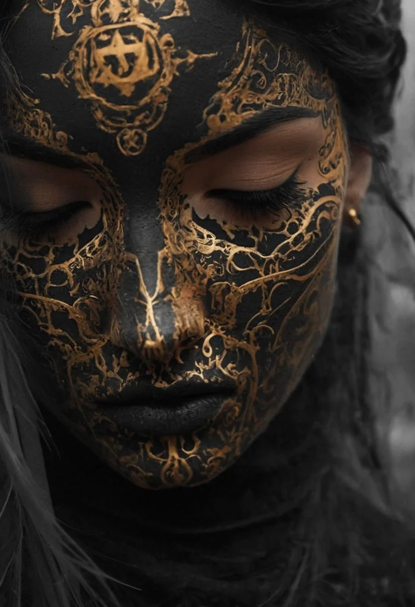 Photograph, a sss wired-cyborg Busty woman made of black smoke, full face tattoo inspired By satanistic designs, golden hour light, fragile, intricate details, masterpiece, award winning, rich, breathtaking, bokeh, atmospheric