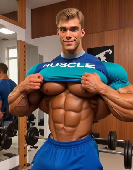 A modern high-resolution photograph of a tall male (18-20) masculine bodybuilding male with athletic body and face, he is wearing a royal blue shirt an pants. His physiques is masculine and with exaggerated bodybuilder muscles physique, he wears a silver dog collar. Hands up he smiles pulling his teal shirt to exposing his underboob and abs by lifting his shirt. the man is in a gym. the man is positioned centrally in the frame. he has high-fade top hair and a light complexion. his shirt has the white text "Muscle Up" printed the front. his facial expression is neutral.
the background shows a well-equipped gym with a wooden panelled wall and a large mirror on the left side. various fitness equipment, including dumbbells and a barbell, is visible on the left side of the image. there are two large mirrors on the left wall, one above the other, reflecting the gym's interior. the floor is tiled, and the lighting is bright, suggesting it is daytime. a black and white poster of a person in a workout pose is mounted on the wall behind the man, adding to the gym's ambiance. the overall setting is a typical gym environment, with a focus on strength training. the photograph has a realistic, candid quality, capturing a moment of a person working out in a gym setting, young bodybuilder 