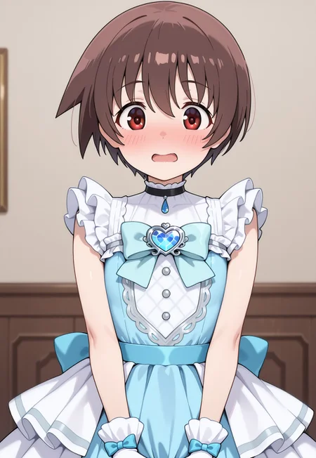 masterpiece,extremely detailed,best quality,amazing quality,newest,absurdres,highres, littlemycinderella, 1girl, adult, solo, myngsk, miyanaga saki, brown hair, short hair, brown eyes, (large eyes:1.2),, gloves,  white gloves, blue dress, bow, blue bow, bangs, sleeveless, sleeveless dress, frills, light brown hair, heartbrooch, (embarrassed:1.1),open_mouth, looking_down, skirt_hold BREAK indoors, close to viewers,dynamic_angle