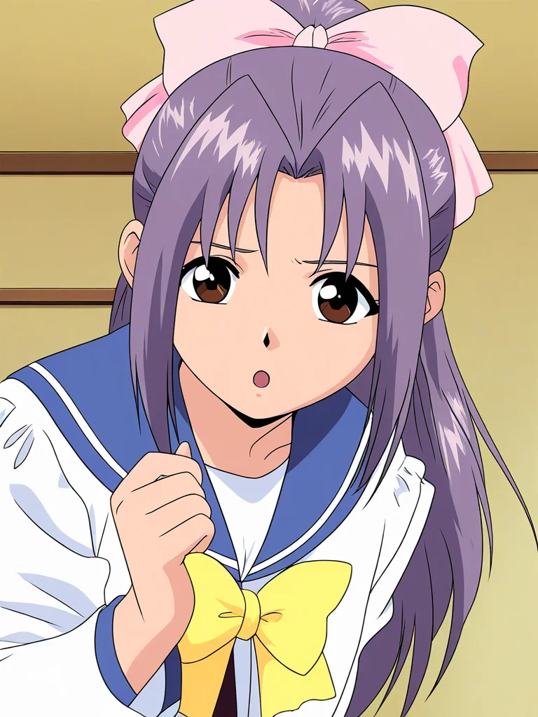 general,highres, game cg, ultra-detailed,very aesthetic,best quality ,best hands,  BREAK <lora:koigakubo_Momoko_IS:1>koigakubo_Momoko, solo, purple hair, long hair, hair bow, brown eyes, ponytail, pink bow, 
 solo, bow, :o, looking at viewer, indoors, blue sailor collar, upper body, open mouth, bowtie, hair ribbon
anime coloring,