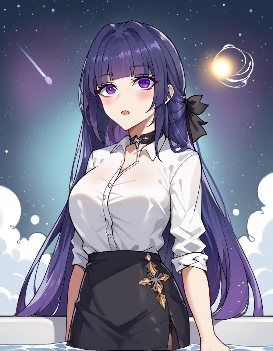 score_9, score_8_up, score_7_up, source_anime, <lora:raiden-mei-office-lady-ponyxl-lora-nochekaiser:1>, raiden mei, long hair, purple hair, bangs, purple eyes, blunt bangs, bangs, gradient hair, hair ribbon,, office lady, white shirt, shirt, pantyhose, skirt, black skirt, long sleeves, large breasts, choker, black choker, sleeves rolled up, bathtub, water, bubbles, steam, towel, , <lora:space-cat-ponyxl-lora-nochekaiser:1> space cat, space cat (meme), galaxy, meme, space, galaxy background, universe, nebula, star (sky), blank stare, looking up, open mouth, blush, cowboy shot, looking at viewer, solo,, dutch angle, cowboy shot
