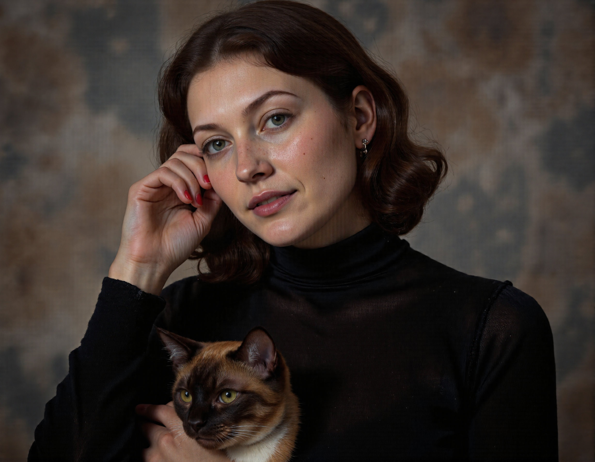 Rembrandt style This is a high-resolution, professional portrait photograph of a mature woman with a fair complexion and a slender, curvaceous figure. She has shoulder-length, wavy brown hair that frames her face and is styled to the side with one hand. Her eyes are a striking blue, and she wears dark, bold lipstick that matches the deep red hue of her nail polish. She is dressed in a form-fitting, long-sleeved black turtleneck that accentuates her hourglass figure. The lighting in the photograph is soft and diffused, creating a gentle contrast that highlights her features without casting harsh shadows. The background is a neutral, muted gradient of light and dark tones, which keeps the focus entirely on the subject. The image has a moody and intimate feel, with a slightly blurred background that adds depth and mystery. The overall composition is balanced, with the woman's head slightly tilted to the side and her gaze directed directly at the camera, creating a direct and engaging connection with the viewer. The photograph is a masterful blend of artistry and technical skill, capturing the subject's beauty and personality in a refined and elegant manner., . Baroque, chiaroscuro, realistic, emotional, "flat lighting, <lora:pancakes v3:0.5>, holding_cat, <lora:aidmaImageUpraderv0.3:0.5>, aidmaimageupgrader, <lora:irnu:1> . Baroque, chiaroscuro, realistic, emotional, "flat lighting
