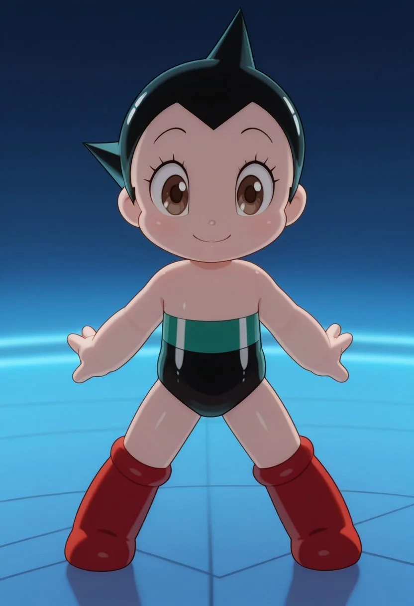 [#👦;🤖]side_light,4k,(masterpiece:1.4),(best quality:1.4),(high resolution:1.4),Ultra HD,HDR,(hyperdetailed),smooth lighting,source_anime,very aesthetic,intricate details,intense,highres,vibrant colors,detailed_shadows,detailed_reflections,high-quality textures,depth of field,good shading,studio quality,epic lighting,digital illustration,path_tracing,rtx_on_styled_lighting_and_reflections,<lora:add-detail-xl:1>,looking at viewer,unblurred,perfect composition,intricate details,incredibly absurdres,
[ONLY1boy,solo,male,Chb3Hi3,3d,(chibi),fair skin,AstroBoy,\(Tetsuwan Atom©\),show accurate proportions,soul,emotions,alive,smile,"jet-black hair,short hair","black eyelashes,thin eyelashes,5 eyelashes on each side","ultra-detailed-eyes,detailed eyes,perfect eyes,(chestnut eyes:1.5)","perfect hands,perfect detailed fingers",underwear,"comic red knee-length boots,metallic reflection,shiny,glossy",full body]


