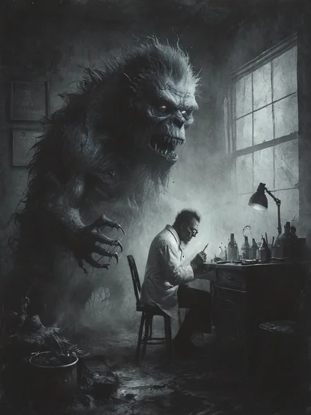 The monster scientist , illustration, <lora:Desolation:0.6>
