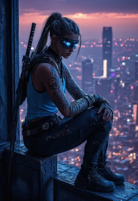 A powerful, futuristic Slavic girl with glowing, cybernetic enhancements that run through her sleek, dark skin like neon veins. Her eyes are a striking electric blue, glowing faintly beneath a visor that provides a sharp, analytical gaze. She sits on the edge of a towering skyscraper, looking down at the neon-lit city below, a city of chaos and technology. Her outfit is a mix of sleek, modern tactical gear and high-fashion, with a sky blue tanktop lined with holographic patterns. Her pants are tight, reinforced with futuristic materials, and her boots are heavy, with metallic soles that click against the rooftop. She holds two gleaming katanas, their blades humming with energy, resting them on her shoulders as she contemplates, a sense of tired but unyielding strength in her posture. Her long hair is styled in a high ponytail, a few loose strands framing her face, giving her a sharp, focused look. Her face shows a hint of exhaustion, but her demeanor remains powerful and unbreakable, as if she’s conquered a thousand battles. Above her, a glowing city skyline stretches into the horizon, filled with towering skyscrapers, with a vivid red landscape. The entire scene has a gritty, cyberpunk atmosphere, with a strong, modern, and badass aura that radiates from her every move.
