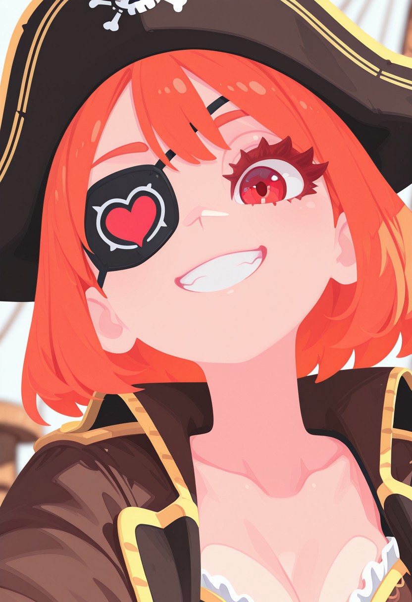 fabulosity_style, masterpiece, best quality, no lineart, no outline, flat color, blurry background, depth of field, thick eyelashes, 1girl, pirate, pirate hat, looking at viewer, close up, eye patch, grin, heart, red eyes, low angle, orange hair