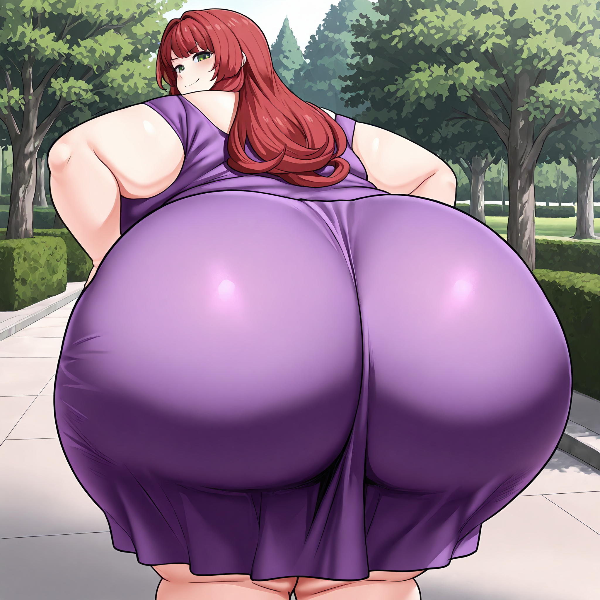 (masterpiece), best quality, (highly detailed), 1female, solo, <lora:SAZAofQUEEN_style_Illustrious:0.8>, park, purple dress, from behind, huge ass, hands on hips, red hair, long hair, green eyes, smug, looking back,